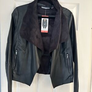 Black faux leather Jacket with Dark Brown Collar